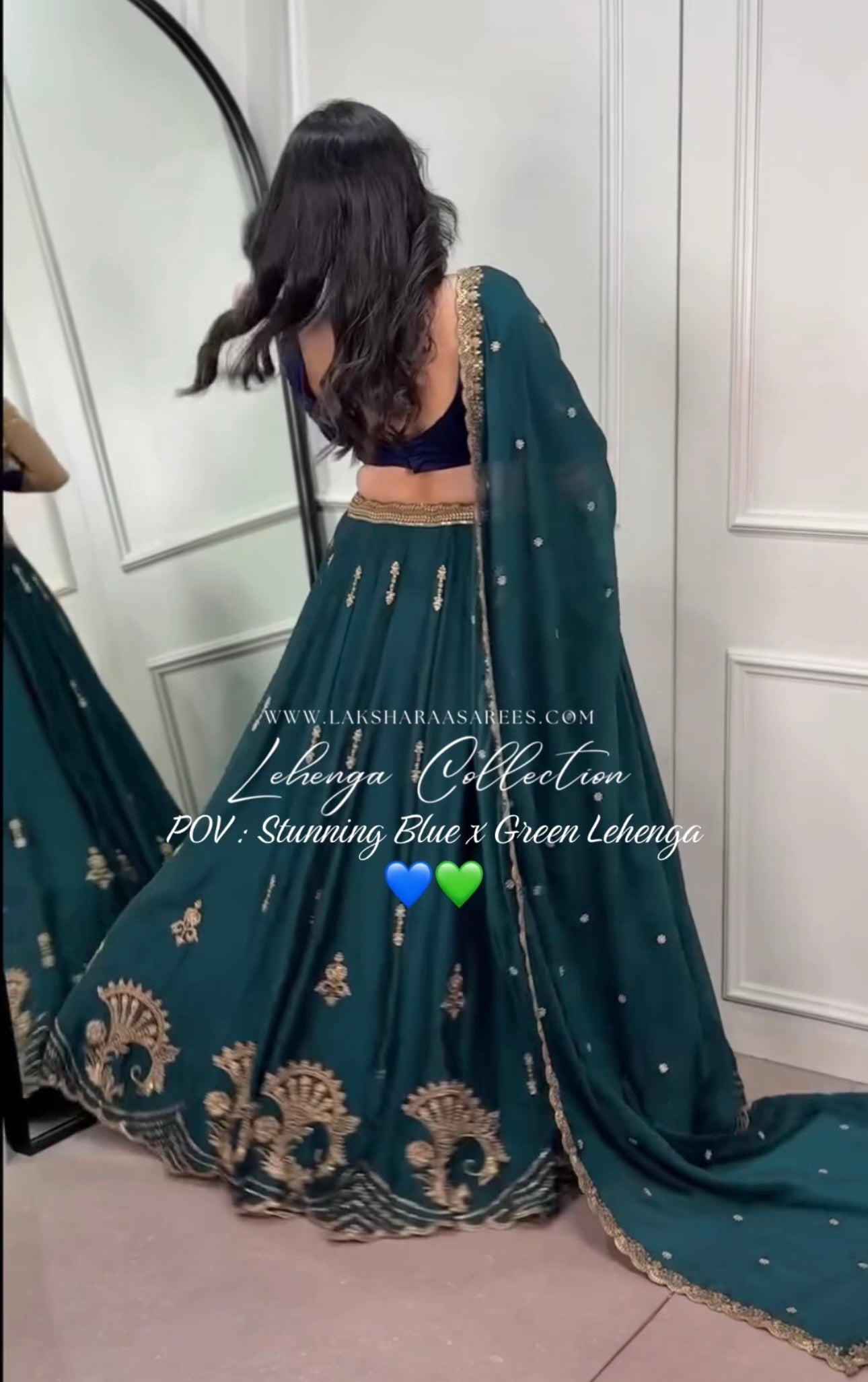 Green and blue Rangoli silk Lehenga by Laksharaa Sarees, featuring intricate embroidery and traditional design.
