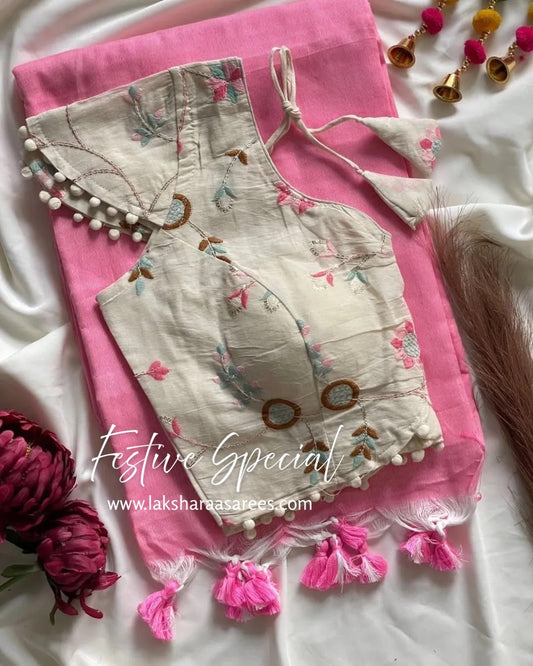 PAVII — Cute Khadhi Cotton Tassel Saree x Readymade Blouse
