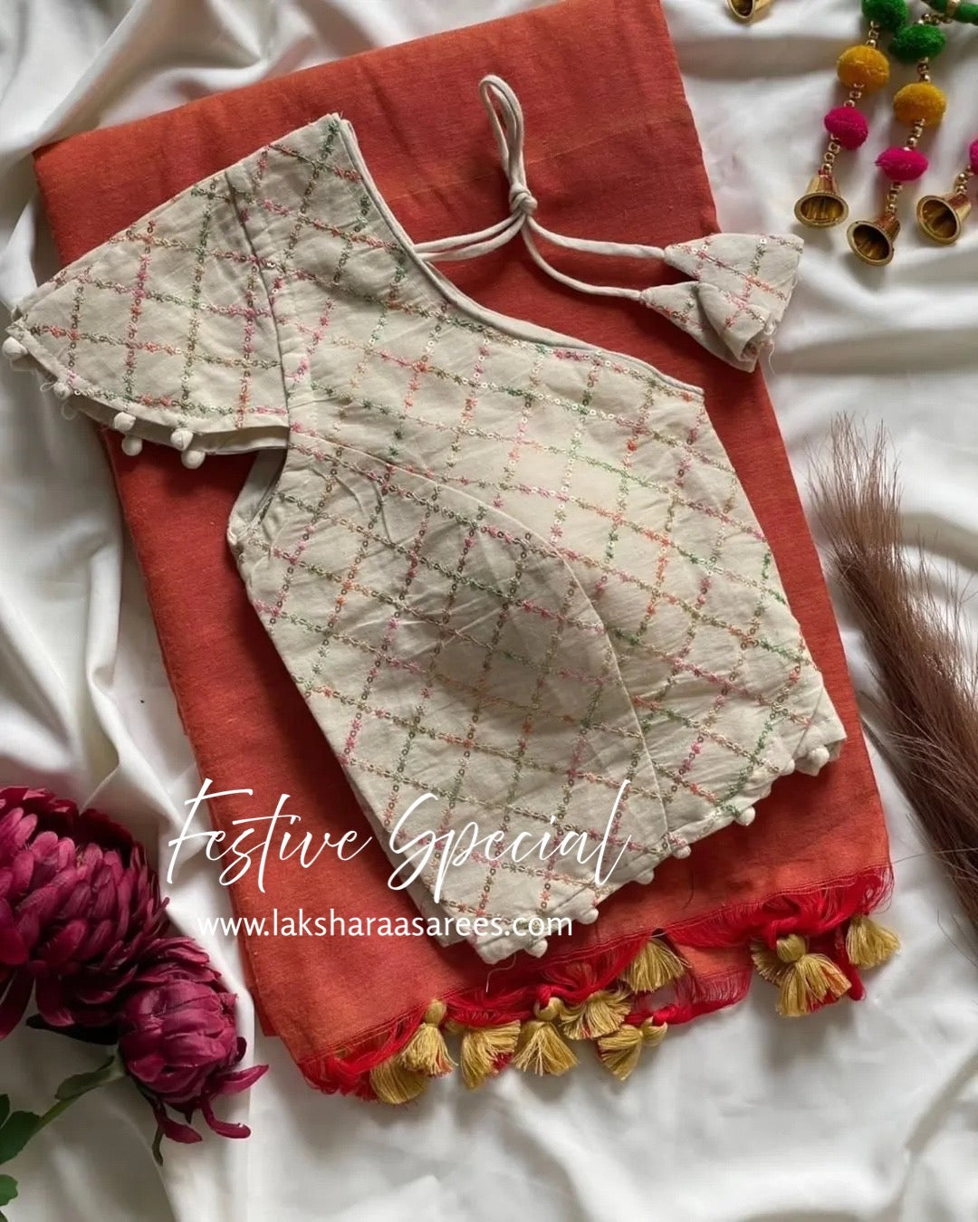 PAVII — Cute Khadhi Cotton Tassel Saree x Readymade Blouse
