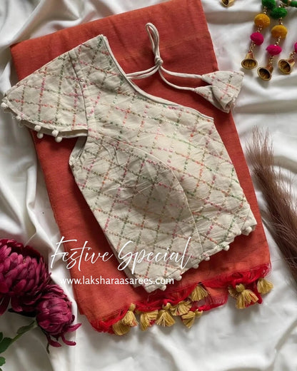 PAVII — Cute Khadhi Cotton Tassel Saree x Readymade Blouse