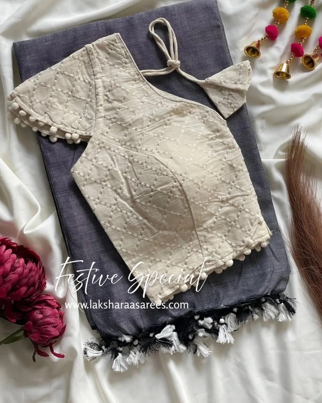 PAVII — Cute Khadhi Cotton Tassel Saree x Readymade Blouse