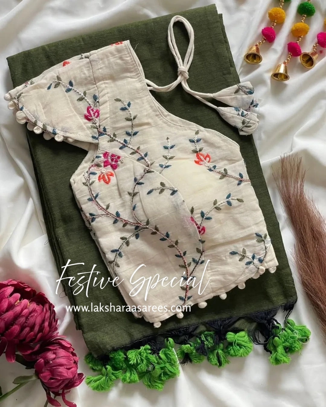PAVII — Cute Khadhi Cotton Tassel Saree x Readymade Blouse