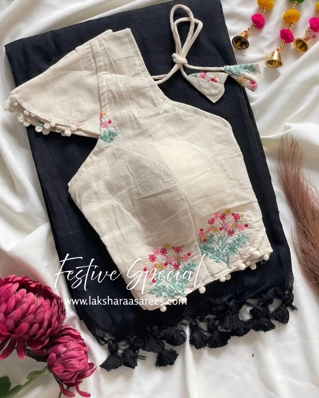 PAVII — Cute Khadhi Cotton Tassel Saree x Readymade Blouse