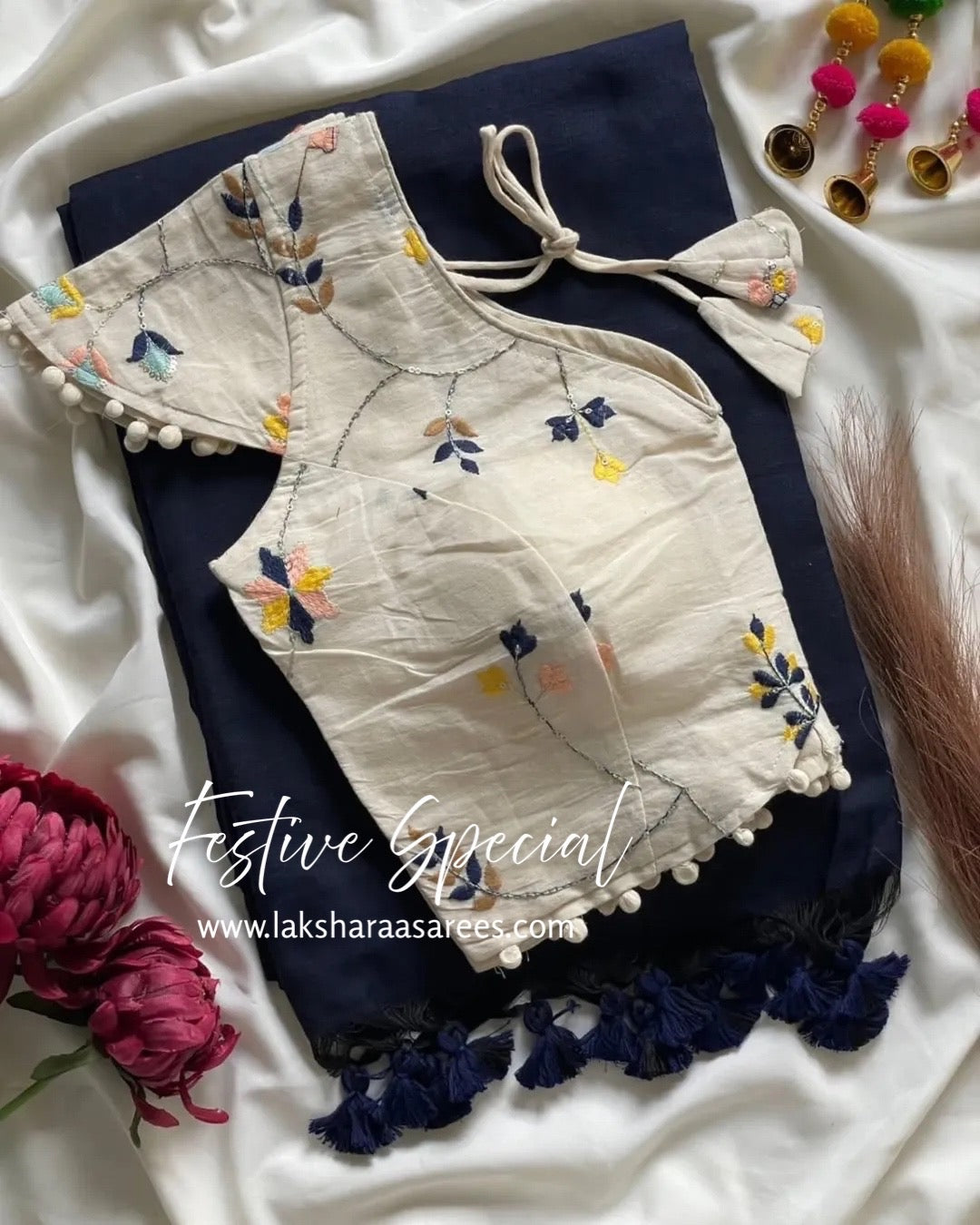 PAVII — Cute Khadhi Cotton Tassel Saree x Readymade Blouse