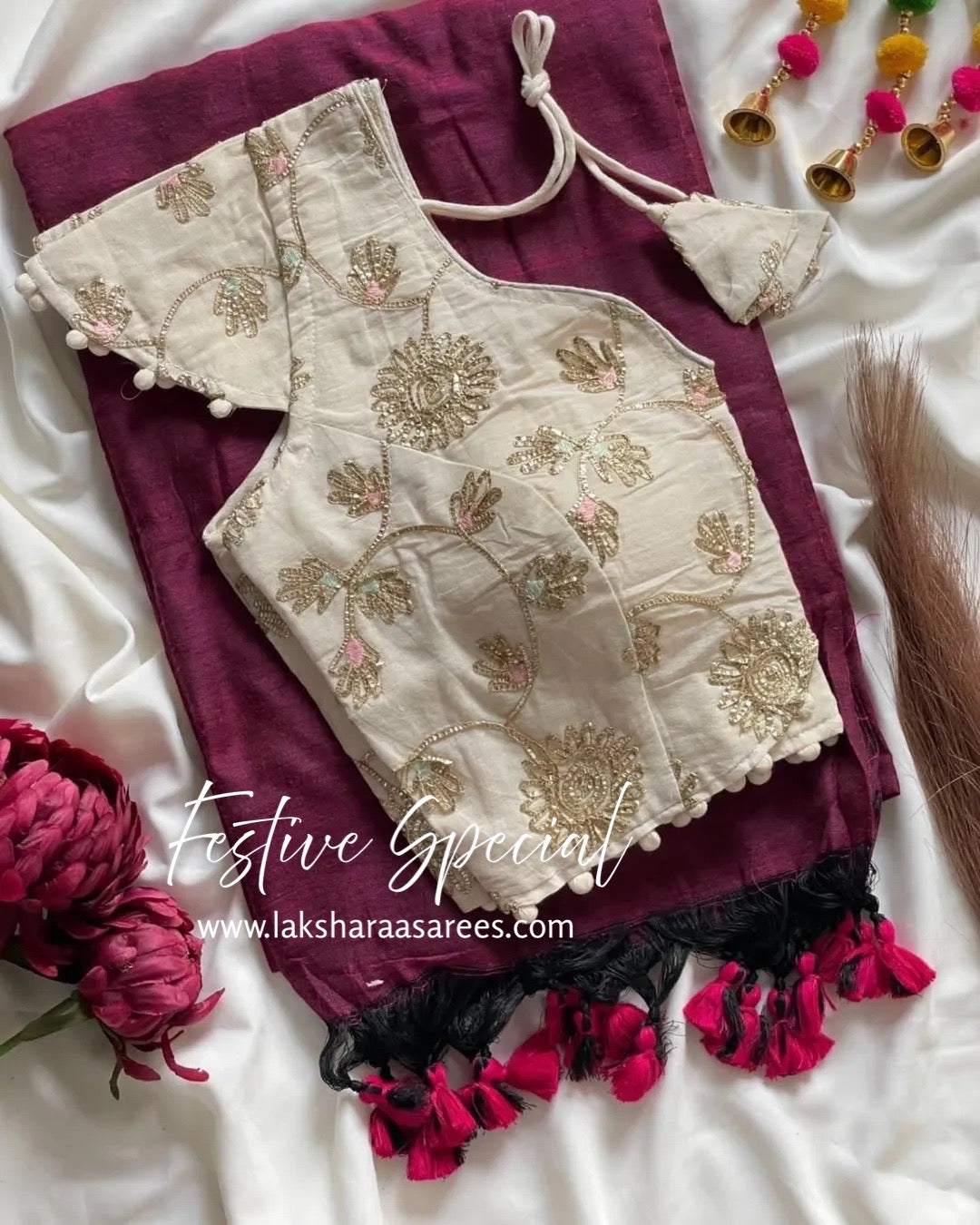 PAVII — Cute Khadhi Cotton Tassel Saree x Readymade Blouse