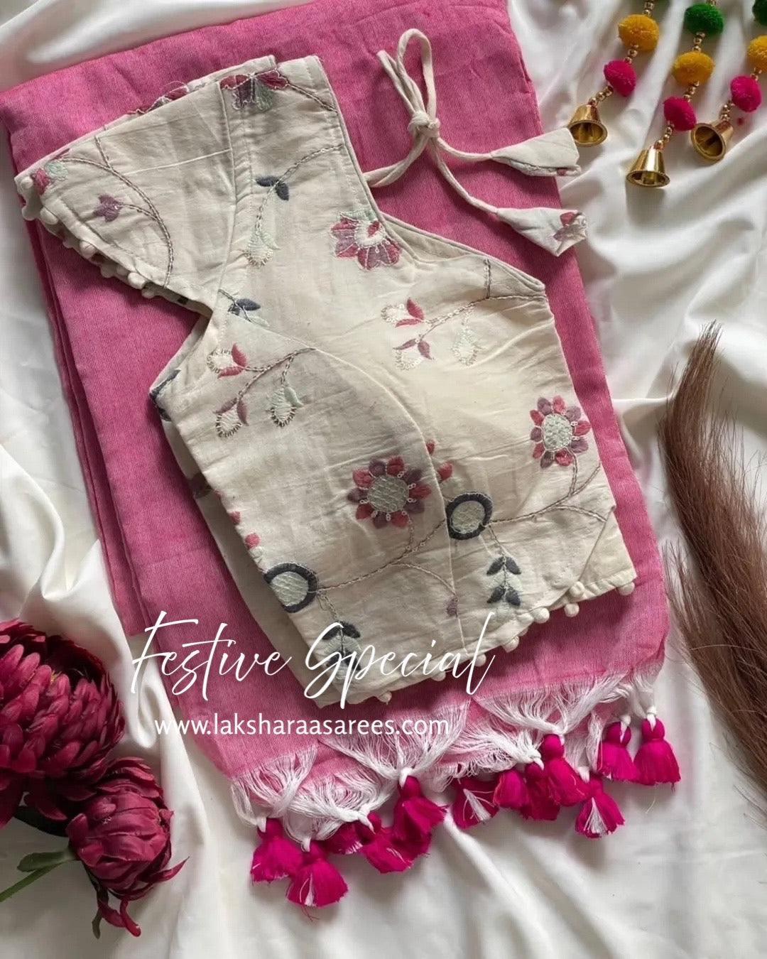 PAVII — Cute Khadhi Cotton Tassel Saree x Readymade Blouse