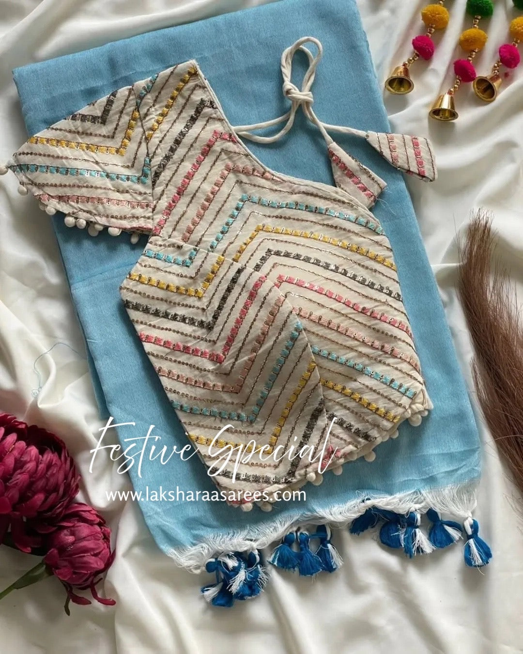 PAVII — Cute Khadhi Cotton Tassel Saree x Readymade Blouse