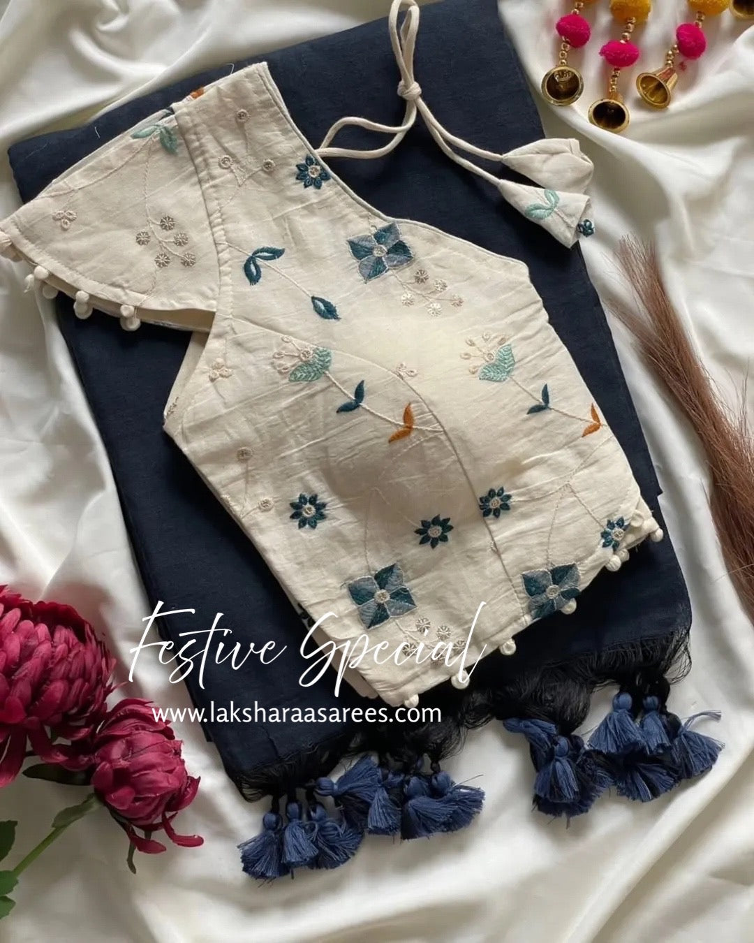 PAVII — Cute Khadhi Cotton Tassel Saree x Readymade Blouse