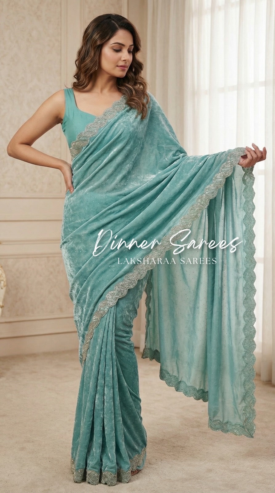 Luxe shimmer silk saree with silver Jarkan border from Laksharaa Sarees, featuring intricate silver embroidery and elegant drape.