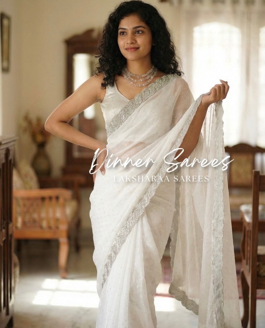 Laksharaa Sarees DREAMI Luxe Shimmer Silk Saree with silver Jarkan border, elegant traditional Indian attire in soft shimmer fabric