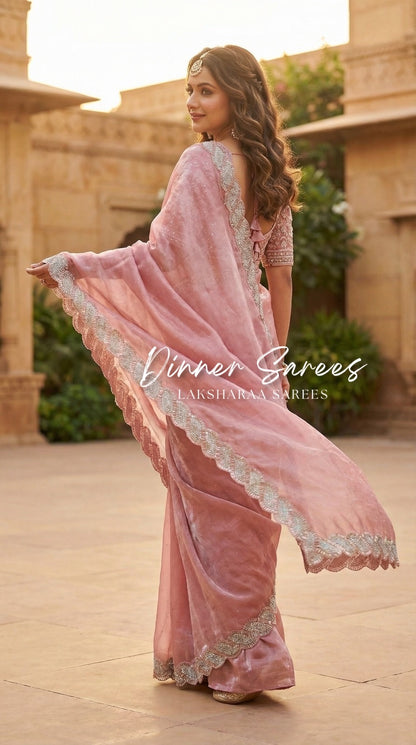 Luxe shimmer silk saree with silver Jarkan border from Laksharaa Sarees, featuring elegant drape and intricate silver detailing.