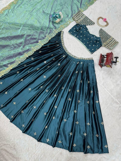 HAMARA — Green Satin Lehenga