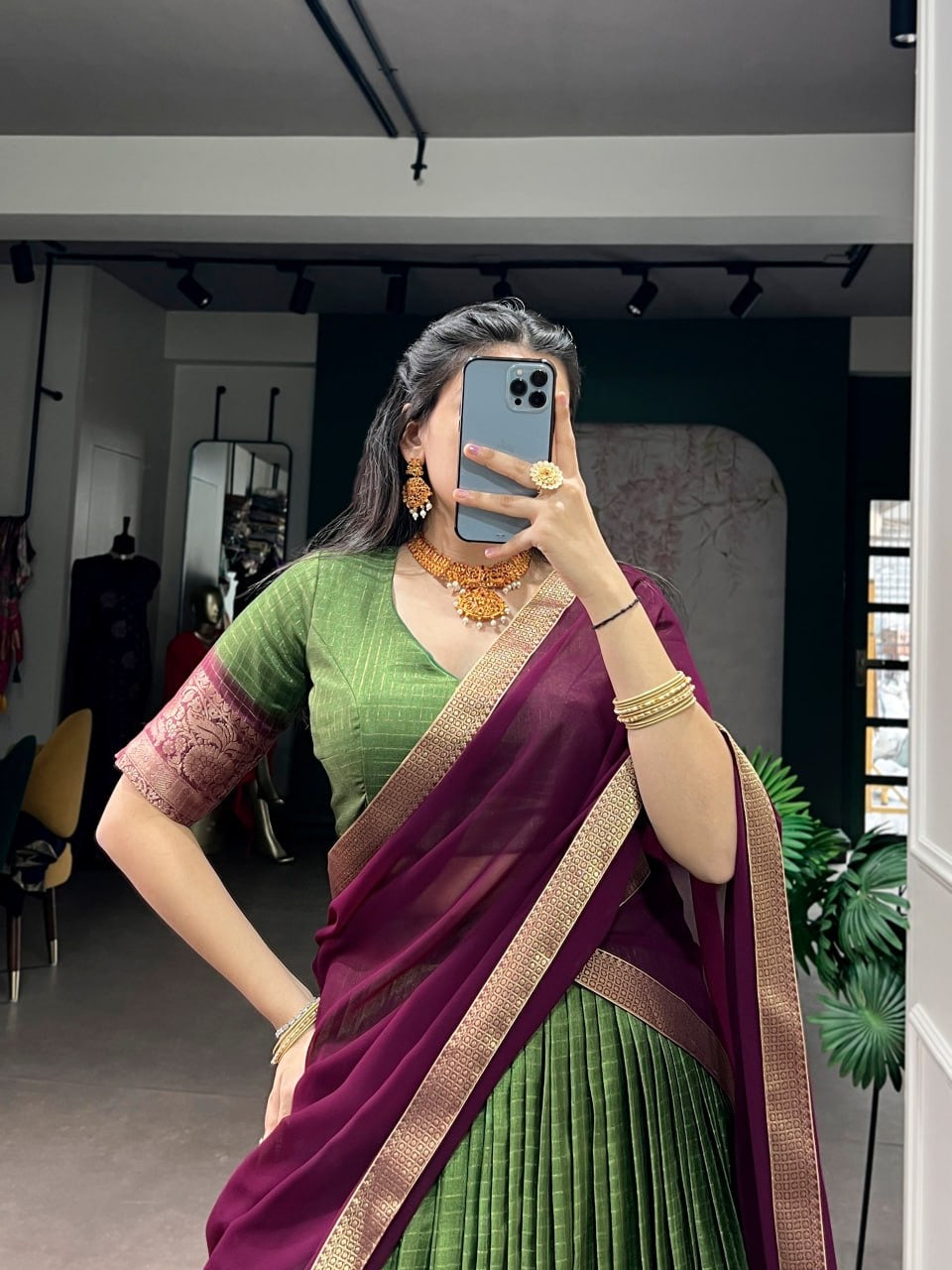 Laksharaa Sarees Thamarei Dola Chex half saree lehenga with intricate patterns and vibrant colors, traditional Indian attire.