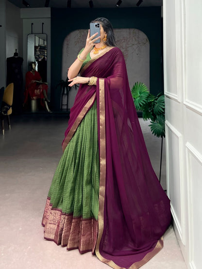 Luxurious Dola Chex half saree lehenga by Laksharaa Sarees, featuring intricate embroidery and vibrant colors.