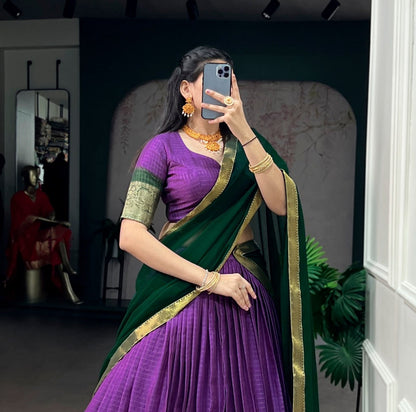 Pink and gold Dola Chex half saree lehenga with intricate embroidery, showcased by Laksharaa Sarees in a detailed close-up image.