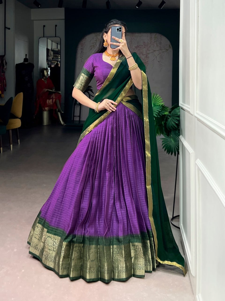 Beautiful Thamarii Dola Chex half saree lehenga with intricate embroidery and vibrant colors, styled with matching accessories.