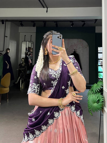 AMRITHA — Zari Kota Pastel Half Saree Lehenga