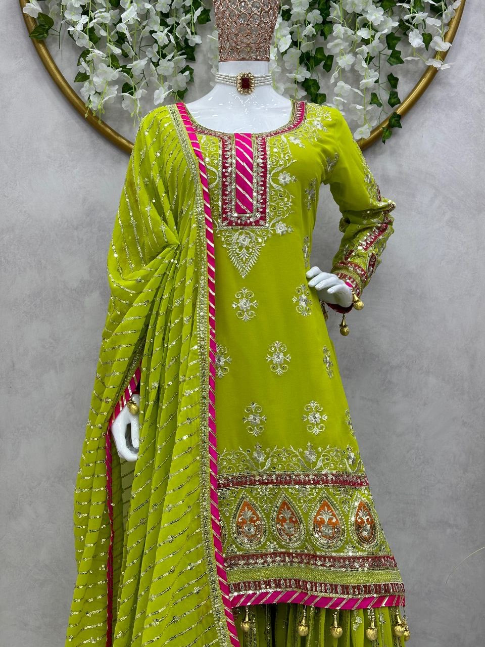 Mahnoor Green x Pink Georgette Sharara Set