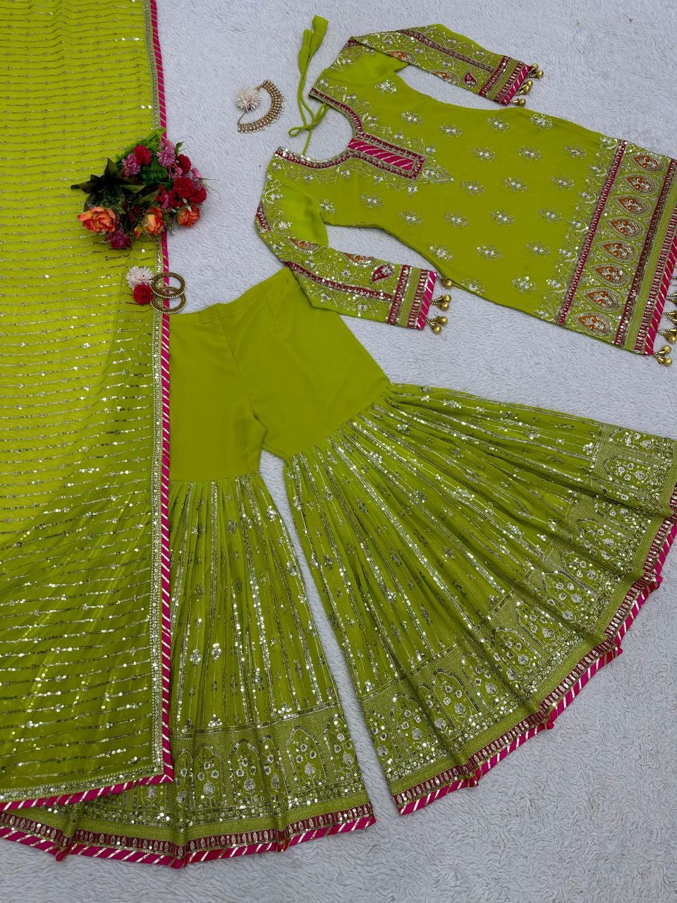 Mahnoor Green x Pink Georgette Sharara Set