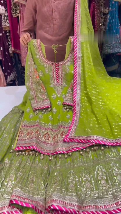 Mahnoor Green x Pink Georgette Sharara Set