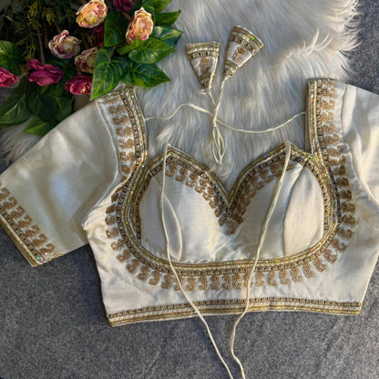 Elegant white wedding readymade saree blouse by Laksharaa Sarees with intricate embroidery and stylish neckline design.
