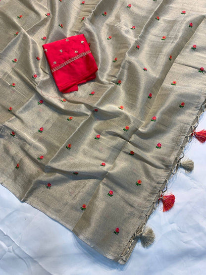 Soft simmer tissue linen saree from RUTHRA by Laksharaa Sarees, featuring delicate fabric and elegant drape.