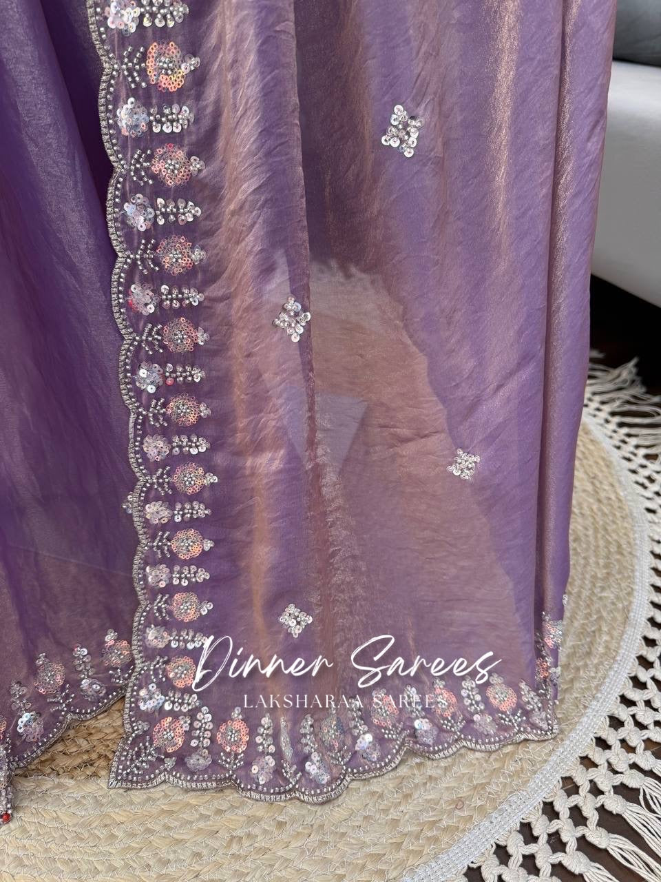 Elegant ALISA georgette dinner saree with embroidered border by Laksharaa Sarees, featuring intricate embroidery and flowing fabric.