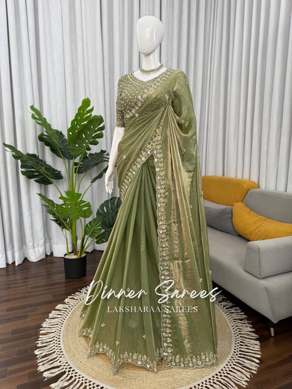 Alisa Georgette dinner saree by Laksharaa Sarees with embroidered border, showcasing elegant drape and intricate design.