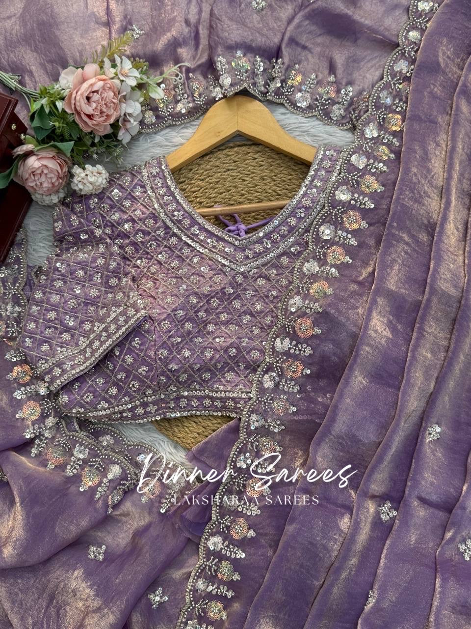 Alisa Georgette Dinner Saree by Laksharaa Sarees with embroidered border and elegant drape, shown in a detailed close-up image.