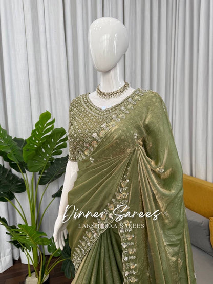 Alisa Georgette Dinner Saree by Laksharaa Sarees with embroidered border, showcasing elegant fabric and intricate detailing.