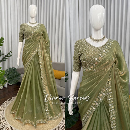 Elegant georgette dinner saree by Laksharaa Sarees with embroidered border and intricate detailing.