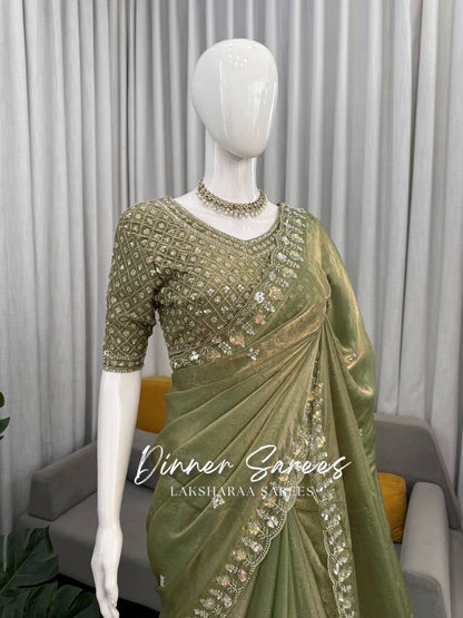 Alisa Georgette Dinner Saree by Laksharaa Sarees with embroidered border, showcasing elegant drape and intricate embroidery details.