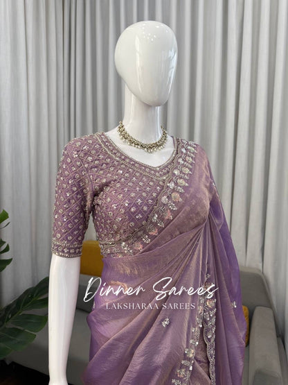 Alisa Georgette dinner saree by Laksharaa Sarees featuring an embroidered border and elegant drape in rich fabric.