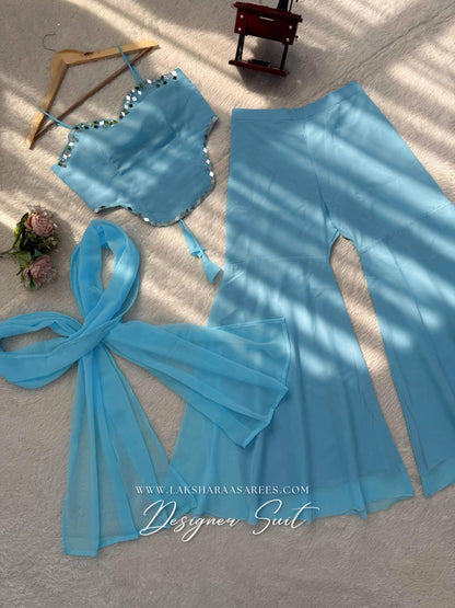 Elegant ISHITA 90s-style georgette corset suit with intricate embroidery, showcased in a detailed Laksharaa Sarees product image.