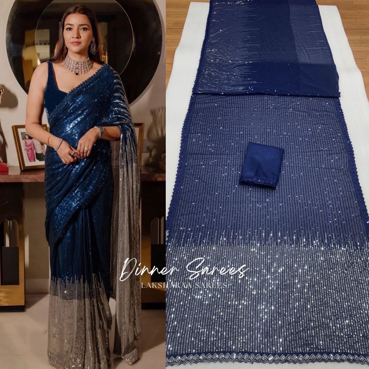 Dark blue partywear saree by Laksharaa Sarees, inspired by Trisha, featuring elegant draping and intricate designs.