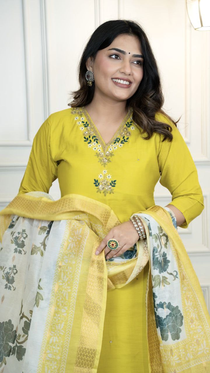 Mustard Yellow Floral Kurti Set