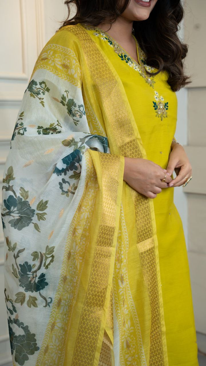 Mustard Yellow Floral Kurti Set