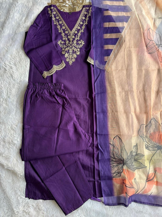 Dark purple comfy kurti set with intricate embroidery from Laksharaa Sarees, featuring a matching bottom and dupatta.