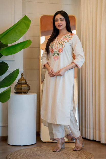 Cream Floral Kurti Set