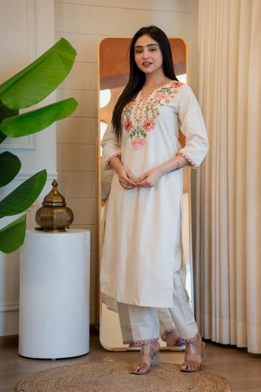 Cream Floral Kurti Set