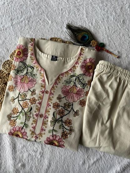 Cream Floral Kurti Set