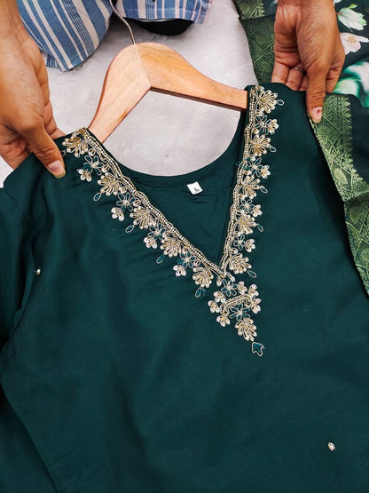 Bottle Green Floral Kurti Set