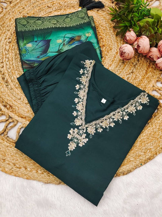 Bottle Green Floral Kurti Set