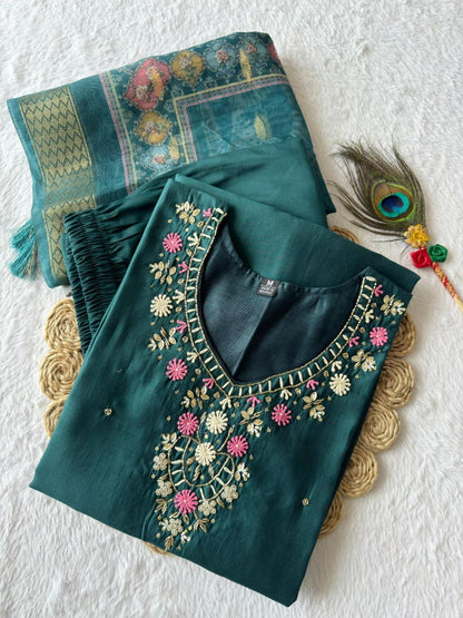 Forest Green Floral Kurti Set