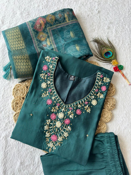 Forest Green Floral Kurti Set