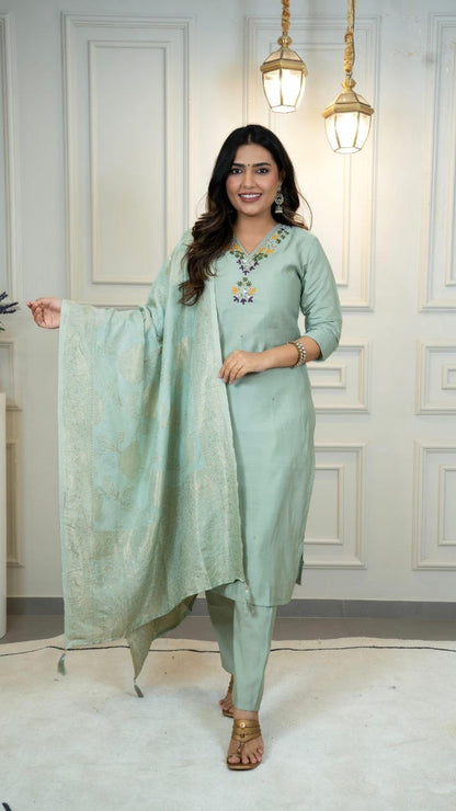 Mint Green Floral Kurti Set
