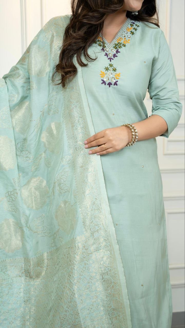 Mint Green Floral Kurti Set