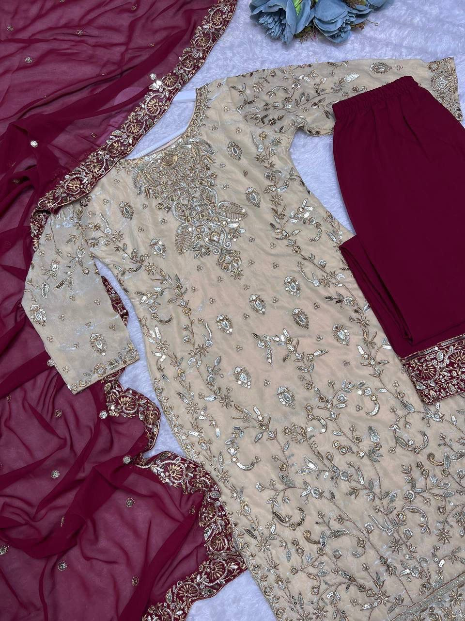 MEHER — Cream X Red Eid Special Pakistani Suit