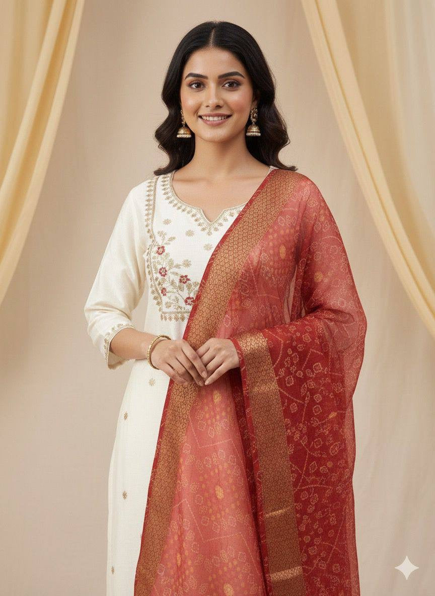 Cream Red Comfy Kurti Set