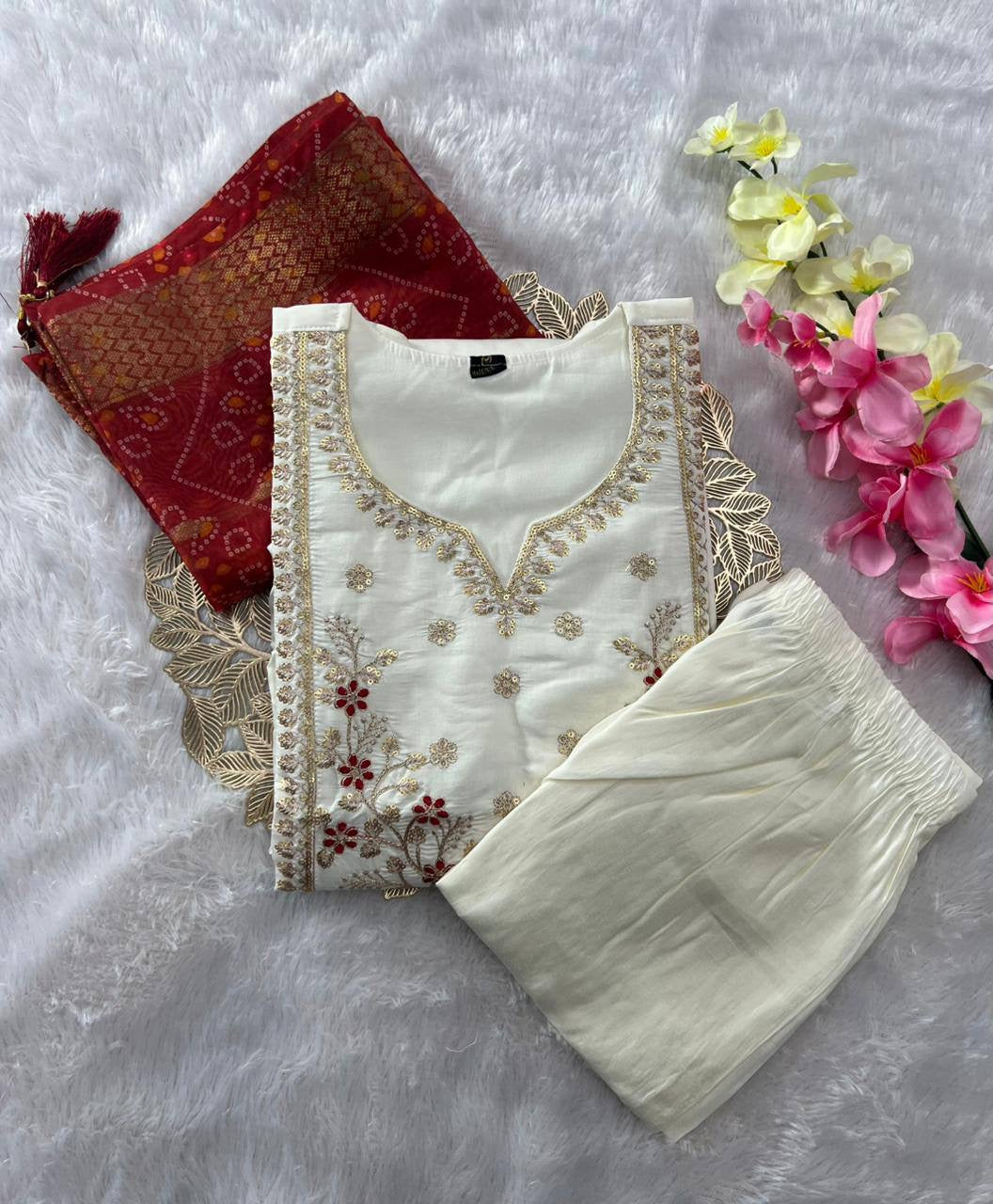 Cream Red Comfy Kurti Set